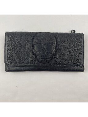 Loungefly Trifold Embossed Sugar Skull Wallet Black Leather Vintage GOTH